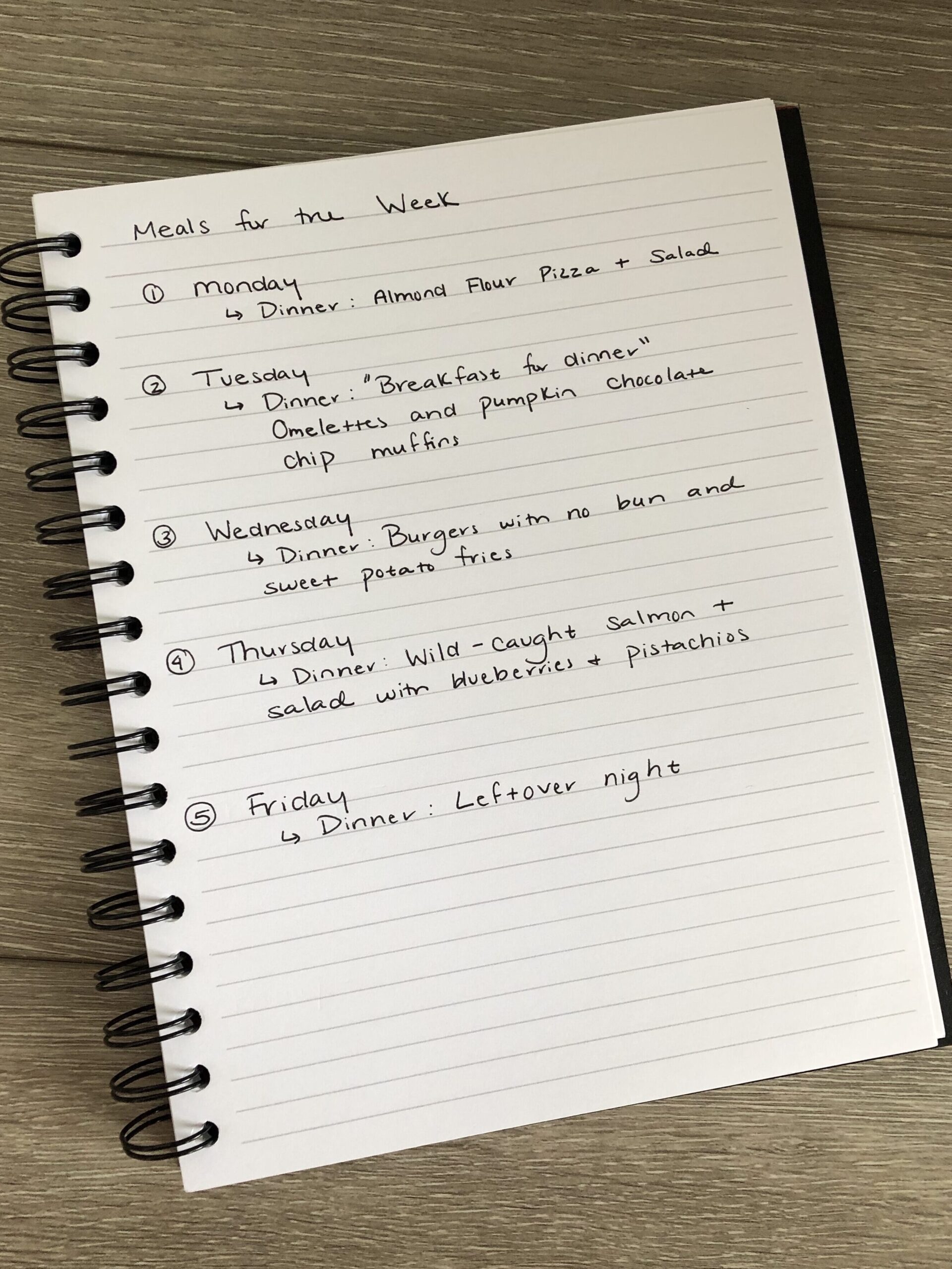 Meal List Written in Notebook for Type One Diabetes