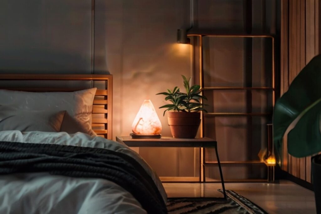 Minimalist bedroom with salt lamp and plants at night