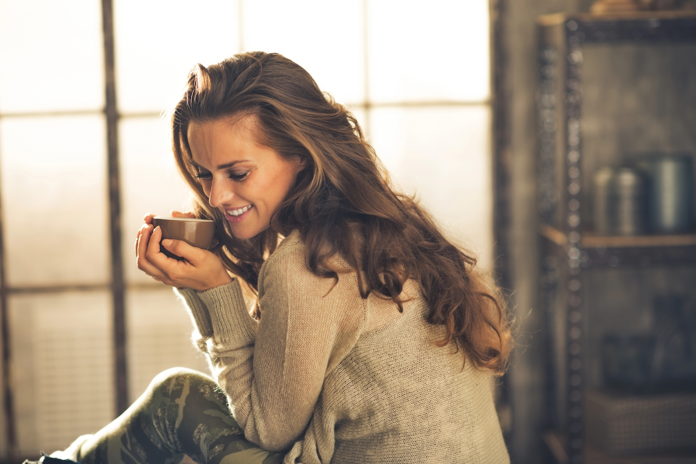 type 1 diabetes mom drinking tea in loft apartment