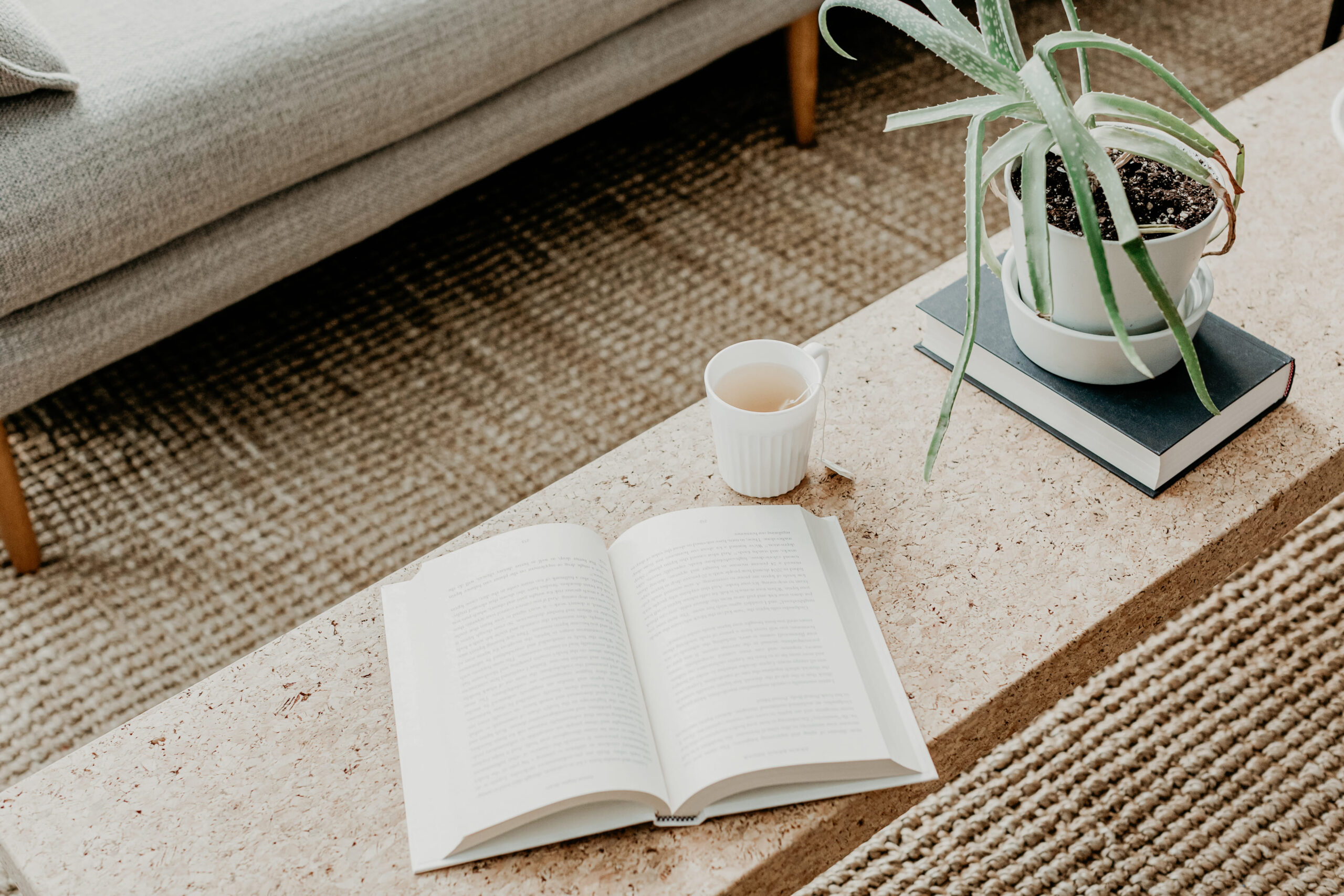 Calm morning reset scene with tea, open book, and plant — a peaceful space for T1D moms to reflect and reset | Type Won Coaching™